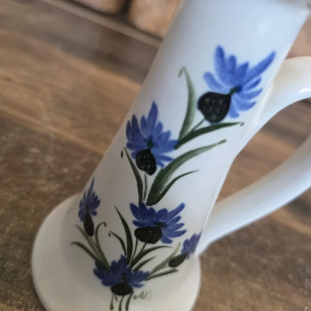 Tallberg Keramuk Vase Hand Painted Floral Blue Flowers Handle Vintage 5.5 x 3.25